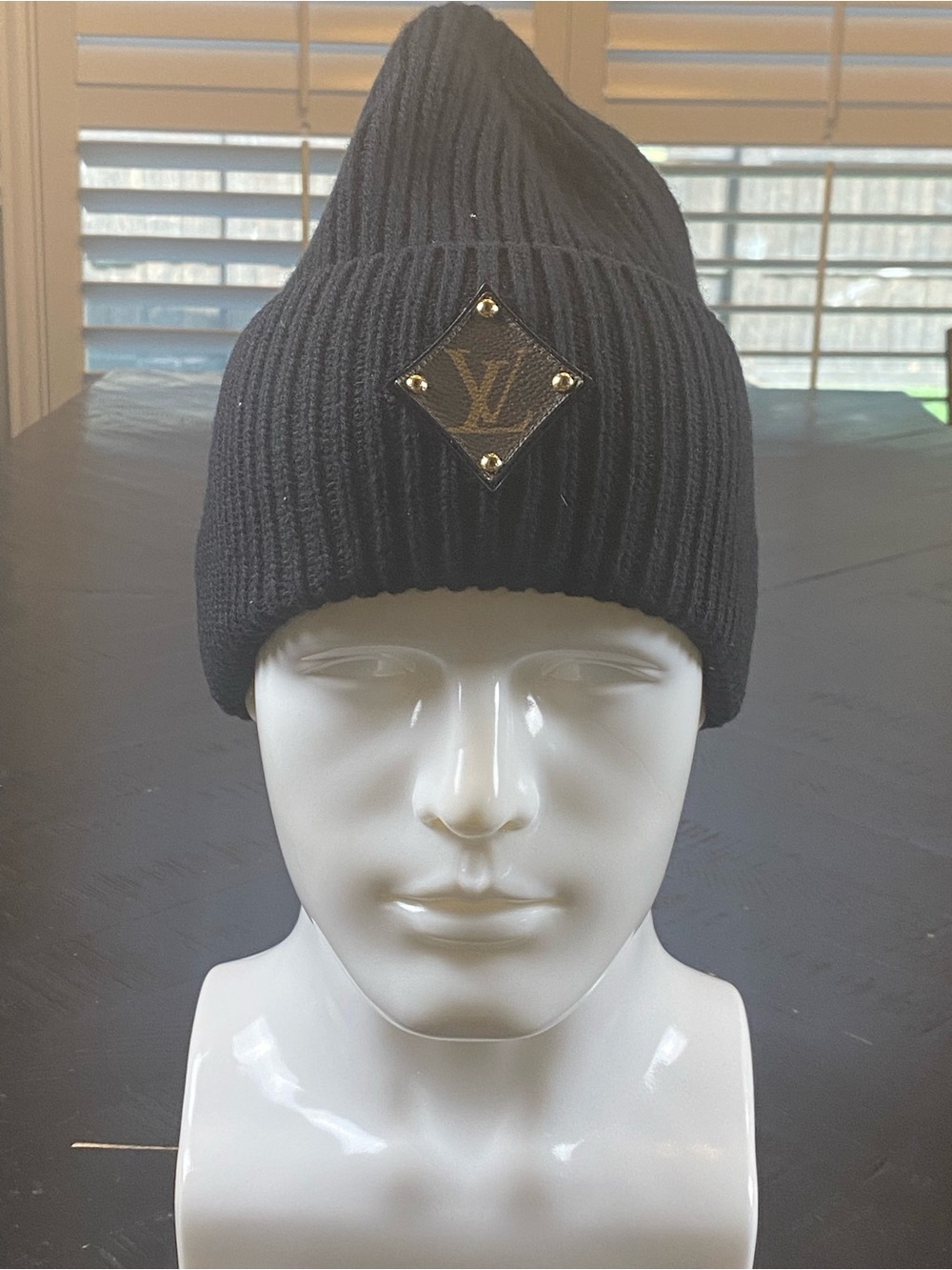 Louis Vuitton Black Ribbed Beanie with Monogram Plaque
